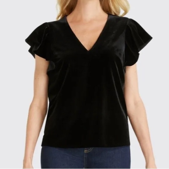 Draper James Black Velvet Flutter Sleeve Top Holiday sz 14 - Picture 2 of 8